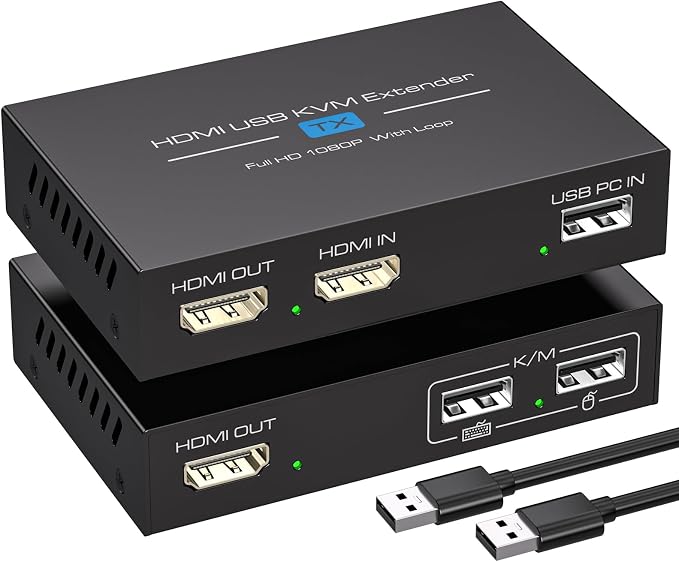 VPFET HDMI KVM USB Extender 394ft 120M Over Cat 5e 6 7 1080P Ethernet Balun Transmitter Receiver with Loop Out Function Plug Play for Mouse and Keyboard Control