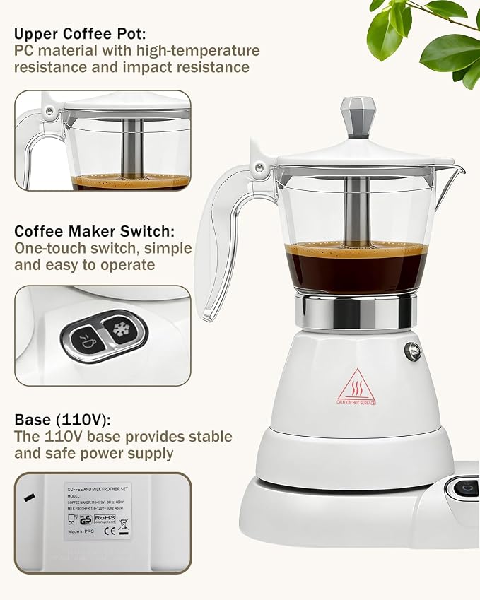 2-in-1 Milk Frother Electric Foam Maker and Moka Coffee Maker Espresso Maker 110V Electric Base Aluminum Frother Moka Pot 5oz 150ml Frothing Easy Brewing Latte Cappuccino Home Gift White