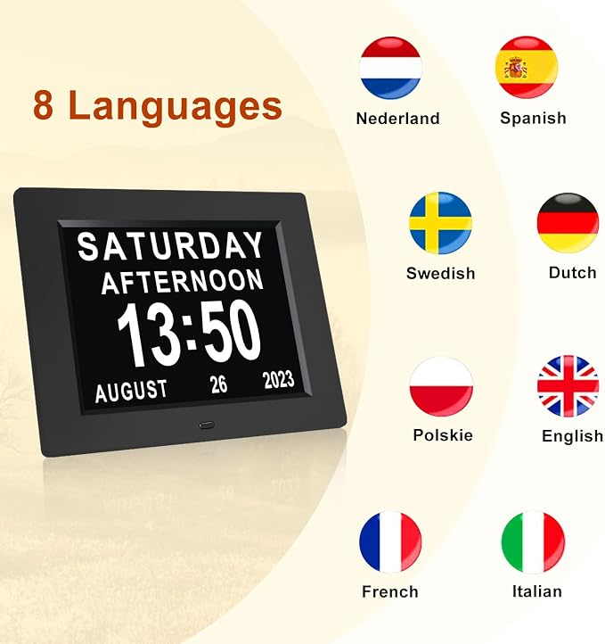 Johnziny 8 Inch Digital Calendar Day Clocks for Seniors-8 Alarms, Auto-Dim, Digital Clock Large Display Date and Day,Dementia Clocks for Seniors,Electronic Calendar with Large Number Black