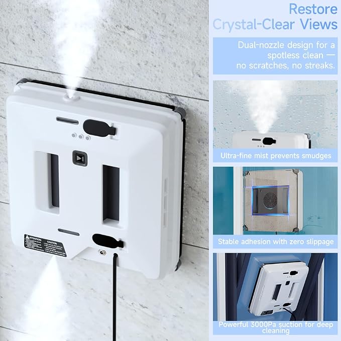 Automatic Window Cleaning Robot - 3000Pa Suction, 2 Spray Nozzles, 60ml Tank, Edge/Obstacle Detection, Anti-Fall, Remote Control, 3 Smart Cleaning Modes for High Windows Mirror Glass Door