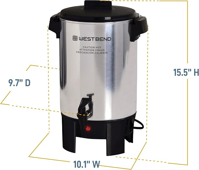 West Bend Coffee Urn Highly-Polished Aluminum Features Automatic Temperature Control with Cup Per Minute Brewing and Easy Clean Up Includes In-Basket Measuring Guide and Ready Light, 30-Cup, Silver