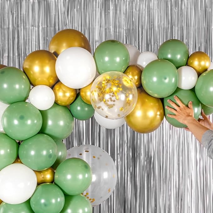 Restaurantware-Balloonify Balloon Garland Set, 1 Party Decoration Kit - 117 Balloons, With Chain, Green, White, & Gold Latex Balloon Arch Kit, Includes Glue Dots