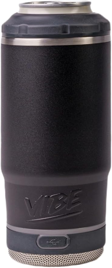 Vibe 4 In 1 Bluetooth Speaker Cup, Insulated Can and Bottle Holder for Hot or Cold Drinks, Double Wall Stainless Steel Drinkware, Fits 12 oz Cans or 14 oz Liquid, Black