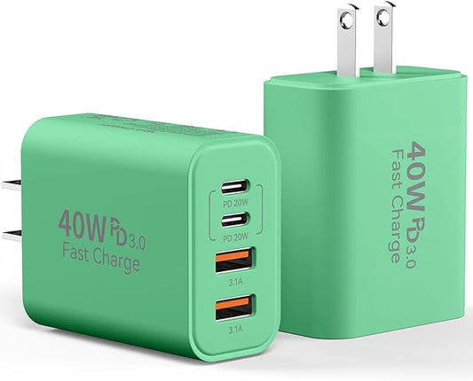 USB C Charger Block, 2Pack 40W 4 Ports Type C Fast Phone Charging Cubes PD Wall Plug+QC 3.0 USB A Charger Head Power Brick Box for iPhone 16/15/14/13/12/11 Pro Max, Pad, Galaxy, Pixel, Deep Green