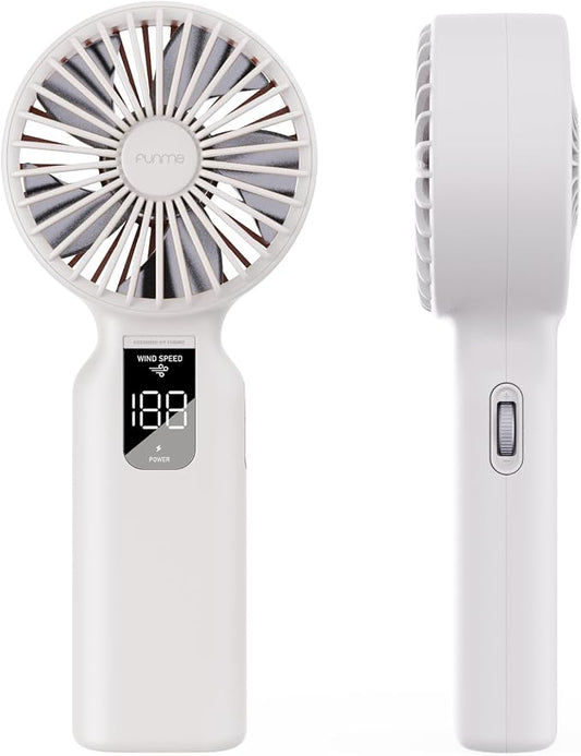 Funme Portable Handheld Fan, 100 Speed Scroll Wheel Control with Boost Mode, 23H Max Cooling, 4000mAh Rechargeable Personal Fan, LED Display, Quiet/Lightweight for Travel Concerts Makeup Office-White