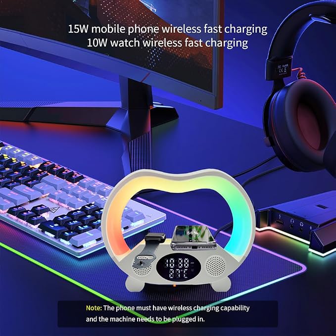 IHAO 6in1 Wireless Charging Station with Bluetooth Speaker Time&Temperature Display Alarm Clock 7-Color LED Night Lights Fast Charger for Phone, Apple Watch, Earbuds Remote Control Auto Shutoff-White