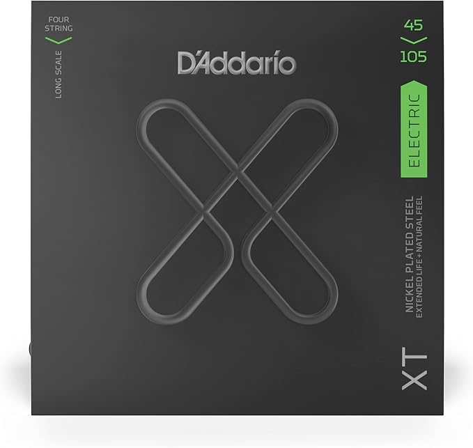 D'Addario Bass Guitar Strings, XT Coated Electric, XTB45105, Light Top/Medium Bottom 45-105, 4-String Set, Pack of 1