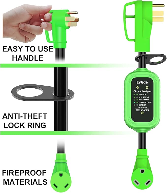 EyGde 50 Amp to 30 Amp RV Adapter with Surge Protector, Patented 5000Joules NEMA 14-50P to NEMA TT-30R RV Adapter Plug 16.3 Inch, Circuit Analyzer Power Guard for Camper Travel Trailer, Green