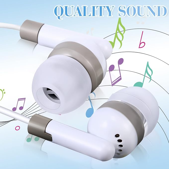 Konohan 25 Pcs Bulk Earbuds with Wire Basic Headphones in Ear for Libraries Laptop, No Microphone 3.5 mm Jack Earbuds Dot Headphones, Individually Bagged (White Gray)