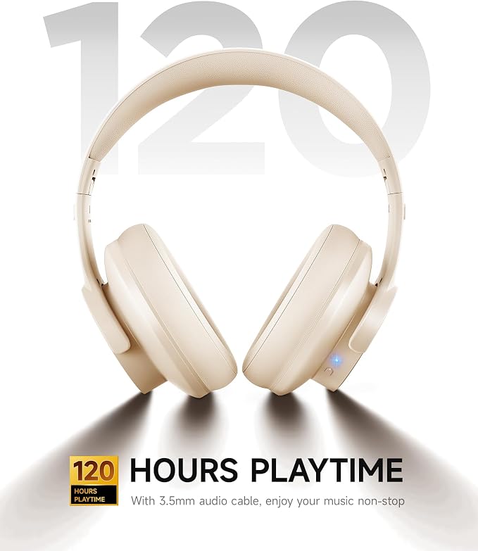 Picun B8 Bluetooth Headphones, 120H Playtime Headphone Wireless Bluetooth with 3 EQ Modes, Low Latency, Hands-Free Calls, Over Ear Headphones for Travel Home Office Cellphone PC Khaki White