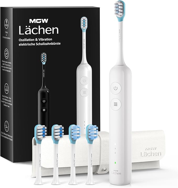 MGW Electric Toothbrush - Sonic Electric Toothbrush for Adults,Smart Timers & 3 Modes (3 Intensity Levels Each), IPX8 Waterproof, 4 Brush Heads, Travel Case, White