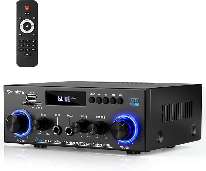 Romicta AK50MAX Stereo Audio Amplifier, Home Audio Stereo Receiver Bluetooth 5.0 with 400W 2.0 Channel FM Radio, Echo, USB, SD Card, AUX with Remote Control Home Theater Audio Stereo System