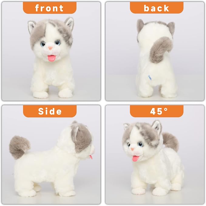 CU-MATE Electronic Stuffed Walking Cats, Realistic Interactive Pet Toy Cat, Walking, Barking, Wagging Tail & Talking, Present Gifts for 3+ Year (British Shorthair Blue and White Cat)