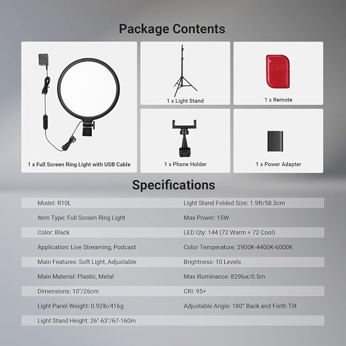 NEEWER Basics 10" Ring Light with 63" Tripod Stand/Phone Holder/Remote Compatible with iPhone, 15W Bi Color Full Screen Edge Lit LED Lighting CRI95+ for Video Recording Selfie Streaming Makeup, R10L