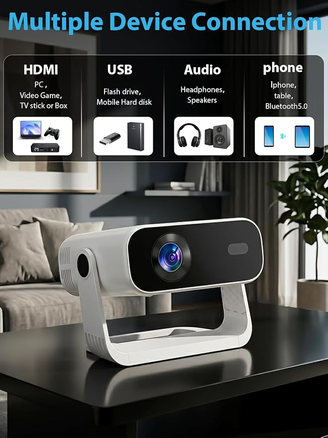 Wielio 2026 Smart Projector Android 14/TV with WiFi 6 and Bluetooth 5.0 Built in 1000+ Apps 210 ANSI Portable Bedroom Mini Movie Projector Auto Keystone & Zoom （Auto Focus/Preferred Dark Room)