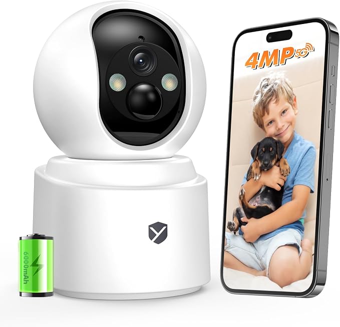 Battery Powered Indoor Camera Wireless for Home Monitoring, Rechargeable Pet Camera with 2-Way Audio, 360° PTZ, 2.5K Color Night Vision, Dual-Band WiFi, TF/Cloud Storage, Dog & Cat Cam with phone app