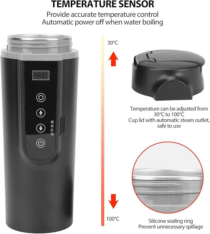 500ml Car Electric Mug, Men Women Travel Kettle, Electric Heated Travel Mug, Portable Auto Shut Off Water Boiler for Tea Coffee (Black)