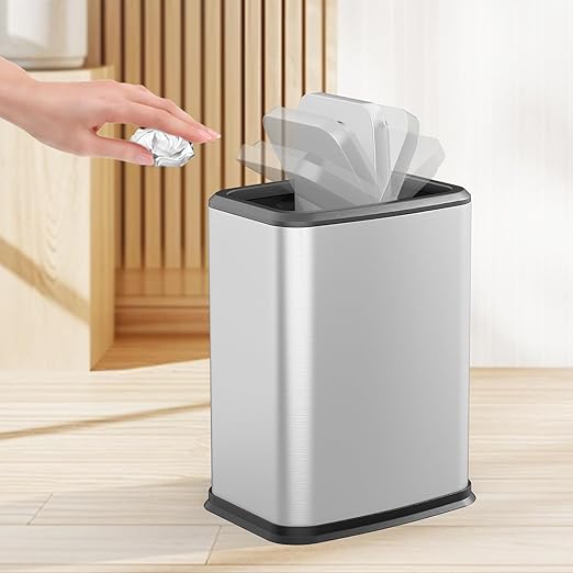 2.1 Gal Slim Bathroom Trash Can with Swing Lid, Rustproof Stainless Steel Small Garbage Can for Narrow Spaces & Toilet Side, Dog Proof Odor Control Waste Basket for Bedroom/Office, Silver
