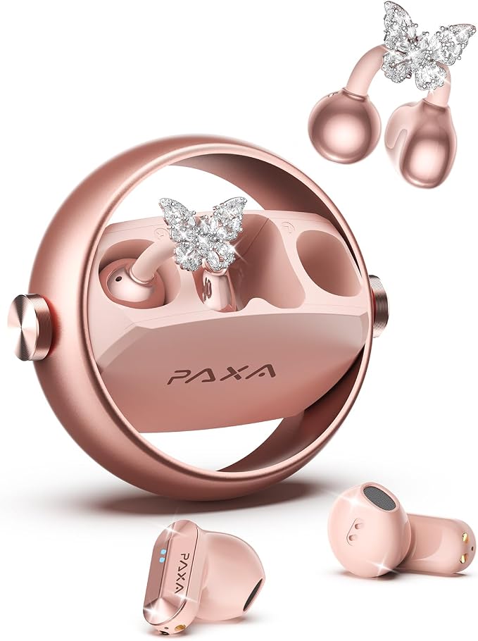 PAXA 3 in 1 Ctbuds Stylish Jewelry-Style Clip on Open Ear Headphones Wireless Earbuds, Instant Earring Mode, Ultra-Long 140H Play, Bluetooth 6.0, All-Day Wear for Work Fitness Daily Use, Rose Gold