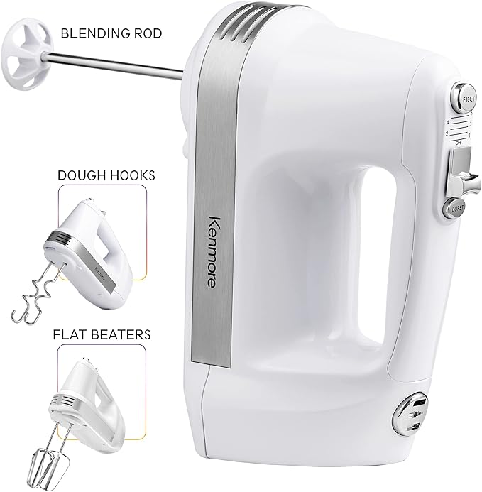 Kenmore 5-Speed Hand Mixer/Blender, 250 Watts, with Beaters, Dough Hooks, Liquid Blending Rod, Automatic Cord Retract, Burst Control, and Clip-On Accessory Storage