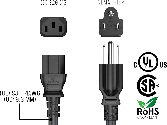 Cable Leader 3ft 14AWG Computer Power Cord, NEMA 5-15P to IEC C13 AC Power Cable, Heavy Duty 3-Prong Replacement Power Cord for PC, Monitor, Printer, Server & TV - Black