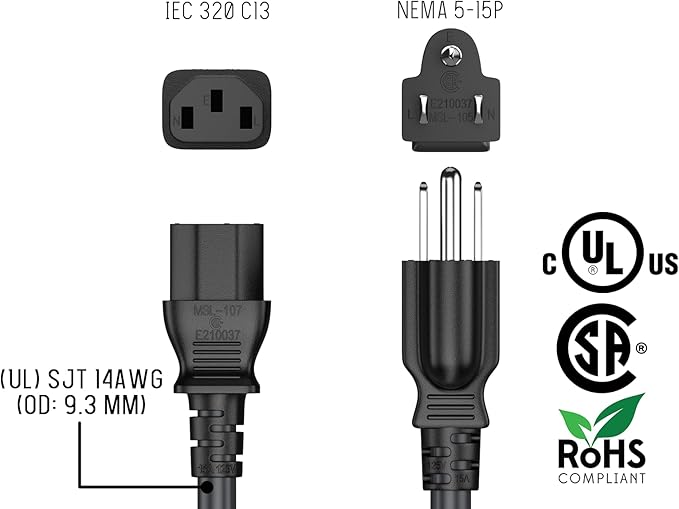 Cable Leader 10ft 14AWG Computer Power Cord, NEMA 5-15P to IEC C13 AC Power Cable, Heavy Duty 3-Prong Replacement Power Cord for PC, Monitor, Printer, Server & TV - Black