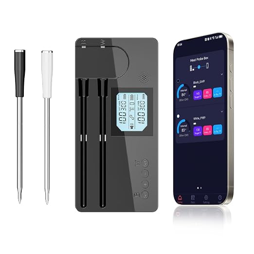 Dual Probe Wireless Meat Thermometer, Works Without APP, IP67 | Dual separate probes dual sensor tracks meat & oven temps. 4x4" backlit display. APP optional. 40hr battery. IP67 waterproof.