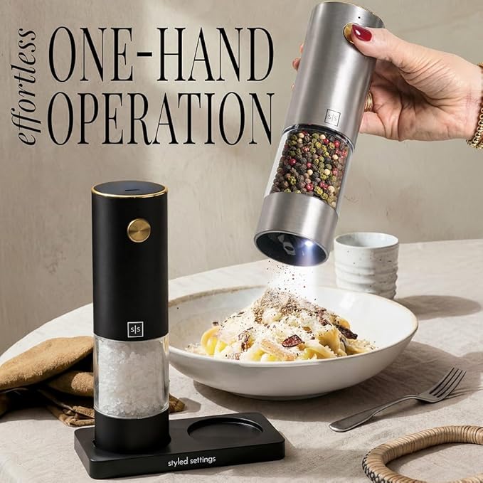 Rechargeable Salt and Pepper Grinder Stainless Steel – Electric Salt and Pepper Shaker Set with USB-C Port, LED Light, Adjustable Coarseness, One Touch Control, Sleek Modern Design