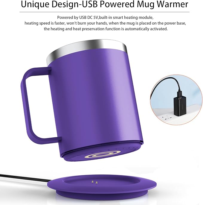 Coffee Warmer with Mug Set, Self Heating Coffee Mug with USB Powered, 131°F Temperature Control Cup(Purple-12oz)