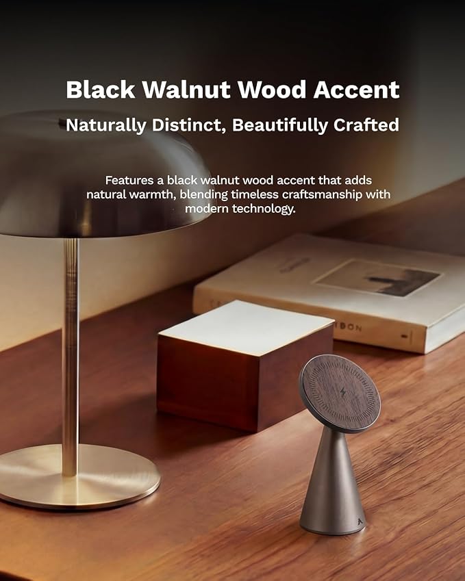 Black Walnut Wood and Aluminum Wireless Charger | Magnetic Charging Stand for iPhone, Compatible with MagSafe