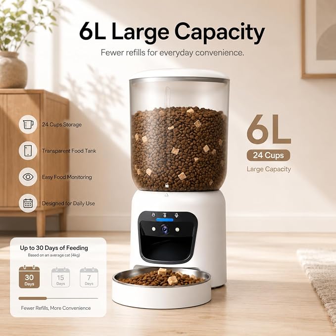 Automatic Cat Feeder with 2K Camera, Smart Pet Feeder with App Control for Cats & Small Dogs, 6L WiFi Automatic Dog Feeder with Night Vision, 2-Way Audio & Motion Alerts