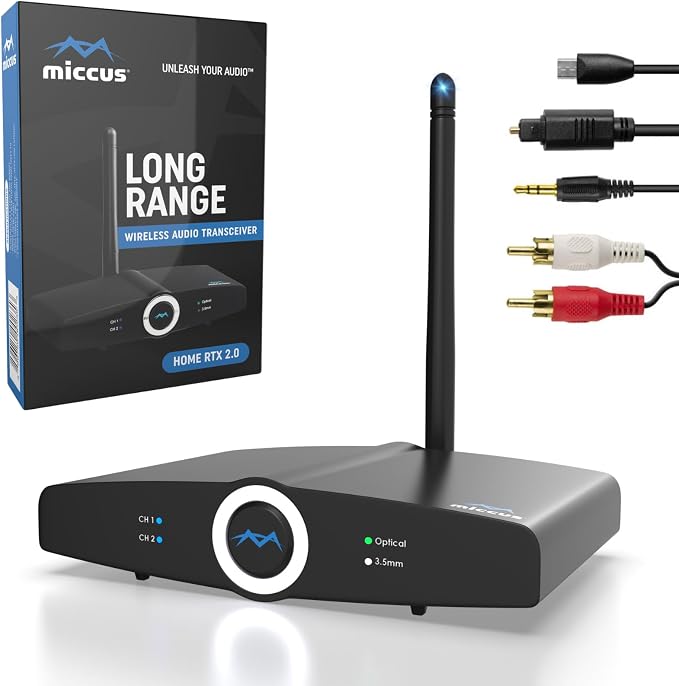 Long Range Bluetooth Transmitter or Receiver, Audio Only for TV PC Stereo, Connect Speaker, Headphones, Phone, aptX Low Latency Wireless Adapter, Listen in HD No Delay Optical RCA 3.5mm (Home RTX 2.0)