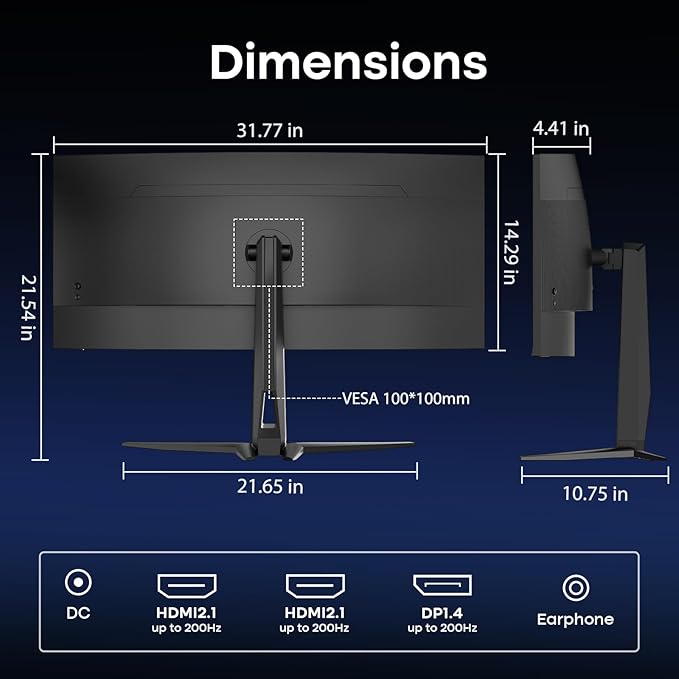 Amzfast 34 Inch Curved Monitor 200Hz UWQHD (3440x1440) Gaming Monitor, 1ms G-SYNC Compatible, 1500R, PIP/PBP, HDR, 131% sRGB, Tilt/Swivel/Height Adjustable,TÜV Rheinland, HDMI 2.1 x 2 & DP 1.4 x 1