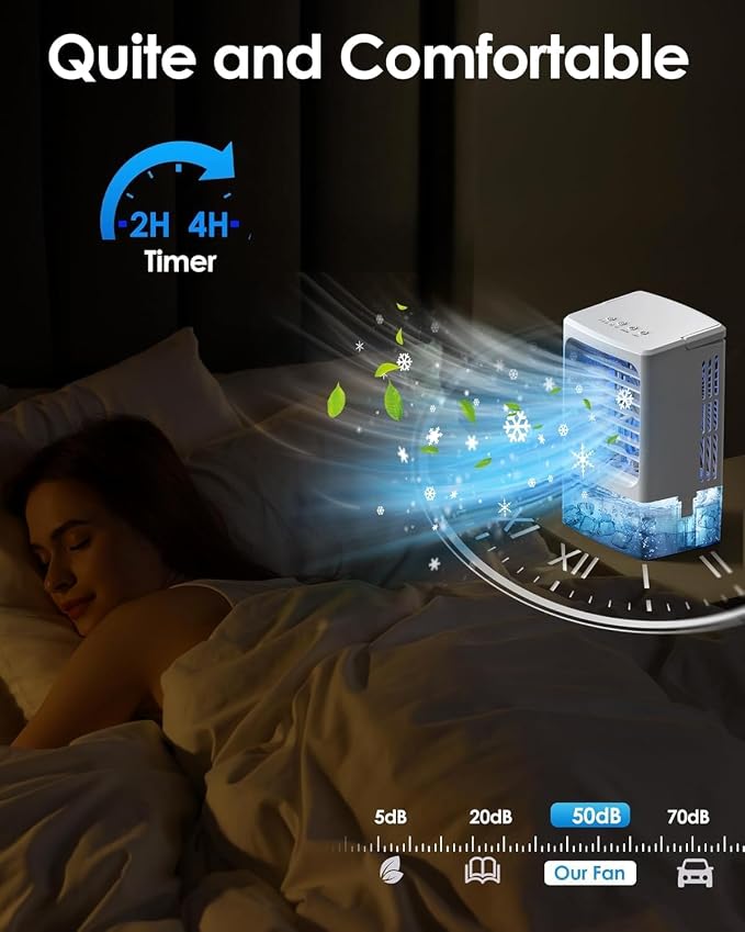Mini Air Conditioner Small Portable AC Unit Portable Air Conditioners with 1500ml spray/hour 3 Speed Wind & 7 Colorful LED Light Cool Mist &Timer Evaporative Air Cooler for Bedroom/Home/Office