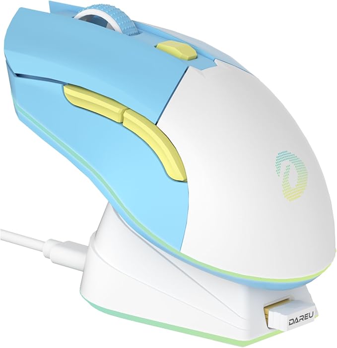 DAREU Wireless Gaming Mouse with Charging Dock Rechargeable RGB,12K DPI,6 Programmable Buttons High-Precision Sensor [300IPS] [1000Hz] for PC Notebook Mac (Blue&Charging Dock)