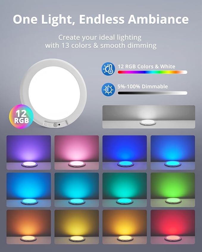 Combuh Rechargeable RGB Ambient Shower Light Waterproof Inside, LED 13 Color Changing Mood Lighting for Bathroom Cordless Battery Operated Stick on Ceiling Lamp with Remote for Bathtub Bedroom