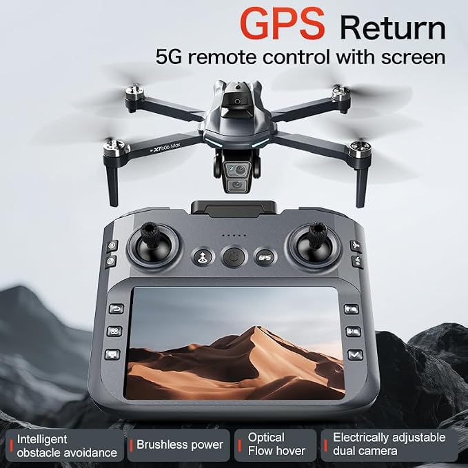 GPS Drone with HD Dual Camera, Brushless Motor & 5 Inch Screen Remote, EIS Anti-Shake Gimbal, Obstacle Avoidance & Optical Flow Positioning, under 250g Lightweight XT606 FPV Drone for Beginners Adults
