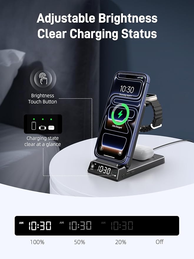 3 in 1 Charging Station for Apple, ELECDOV Magnetic Charger for iPhone, Foldable Wireless Charger with Clock, Travel Watch Charger Stand for iPhone 17/Air/16/15 Series, iWatch 10/AirPods 4