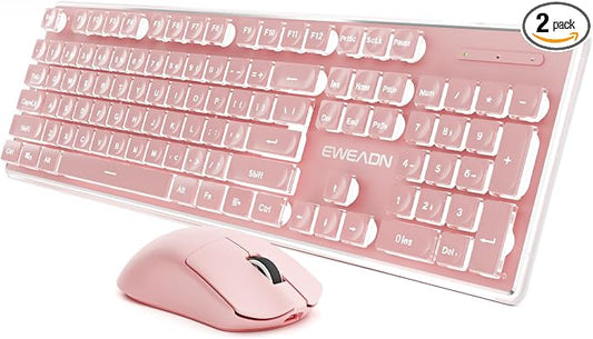 Wireless Keyboard and Mouse Combo with White Backlit Pudding Keycaps, Bluetooth & 2.4G, 2000mAh Rechargeable, Full Size, Metal Panel Quiet Computer Keyboard Set for Windows PC Desktop - Pink