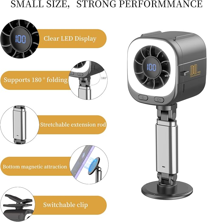 Portable Fan Handheld Turbo Fan Desk Fan Car Fan with 3 Level Adjustable Lighting Rechargeable Fan with Magnetic Clip on Fan Stroller Fan Golf Car Fan Personal Cooling Gifts (Black)
