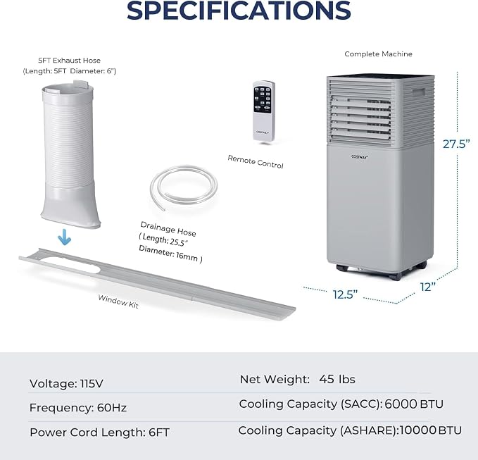 COSTWAY Portable Air Conditioners, 10000BTU Spaces up to 350sq.ft, with Remote Control, 24H Timer & Window Venting Kit, Multi-function AC Unit with Sleep Mode, for Bedroom, Living Room(10000BTU, Grey)