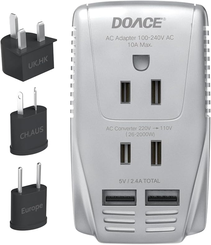 220V to 110V Converter, DOACE 2000W Travel Voltage Converter for Hair Dryer Straightener Curling Iron, 10A Power Adapter with 2 USB and EU/UK/AU/US Plugs for Charging Laptop Tablet Camera Cell Phone