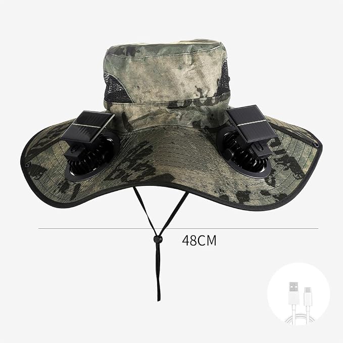 Outdoor Portable Summer Sun hat Fan with 2 Solar Fans, New Fisherman hat Fan,Powered by Solar/USB Batteries. Green