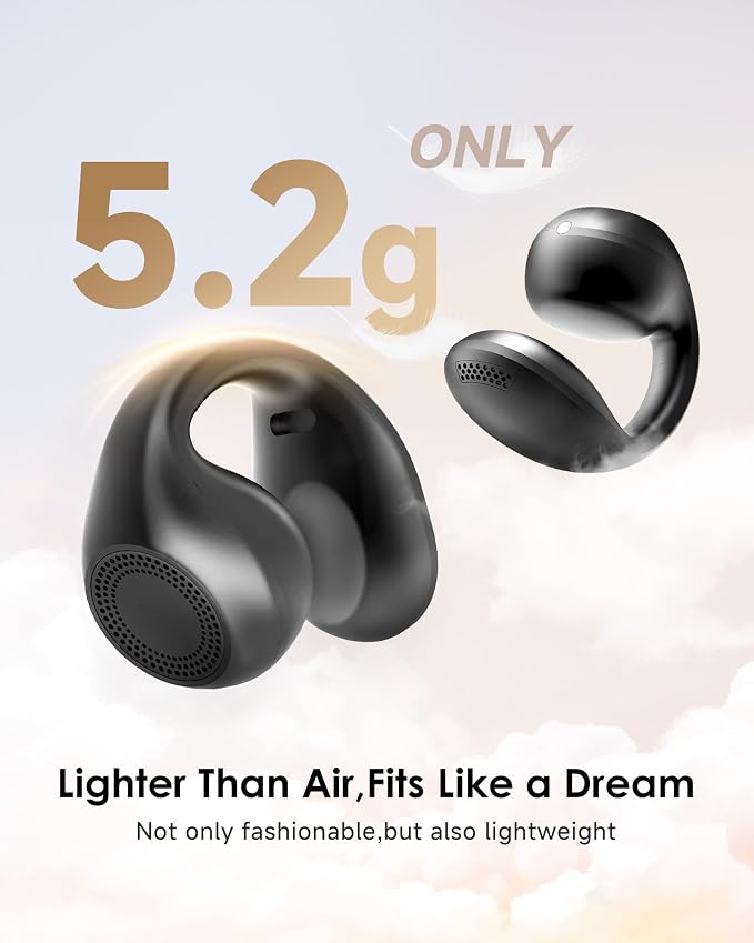 King Lucky Clip-On Earbuds,Comfort Air Cushion Open Ear Earbuds Wireless Bluetooth 6.0 Multipoint, Open Ear Headphones with Mic,Anti-Mistouch,45H Playtime for Sports,Small Ears&Sleep (Black)