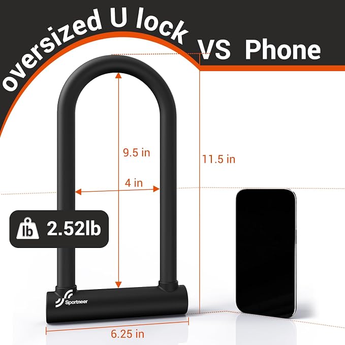 Sportneer Bike Lock: Heavy Duty Bike U Lock with 6ft Security Steel Cable - 18mm Shackle Bicycle U-Locks with Keys and Sturdy Mounting Bracket for Road Mountain Bike Bicycle, Size 11.5''x6.25''
