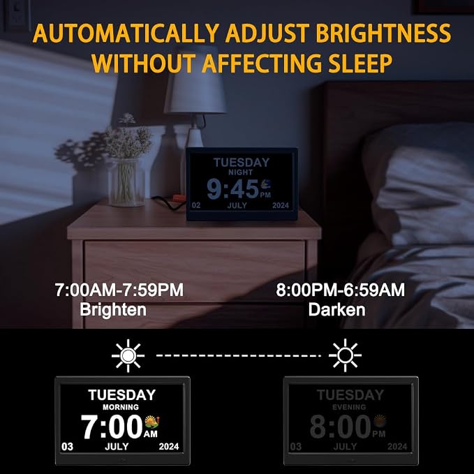 Alarm Clock with Day and Date for Elderly Digital Calendar Clock Photo Frame- Auto Dimmable Display 15 Alarm Options, Clock with Non-Abbreviated Day & Month (10.1 inch Black)