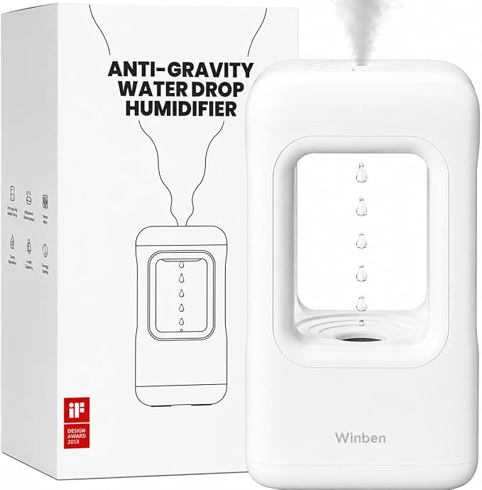 0.6L White Mini Humidifier with Anti-Gravity Water Drop Effect, Cool Mist Desktop Humidifier for Bedroom, Office Desk, Nightstand & Indoor Plants, 36dB Quiet, Night Light, Auto Shut-Off