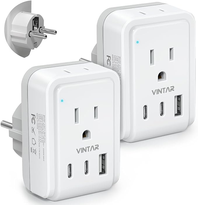 2 Pack Type E F Plug Adapter, VINTAR Germany France Travel Plug Adapter with 3 USB Ports(2 USB C) and 2 Outlets, 5 in 1 Schuko Type F Power Adapter for US to Europe EU Spain Korea Greece Iceland