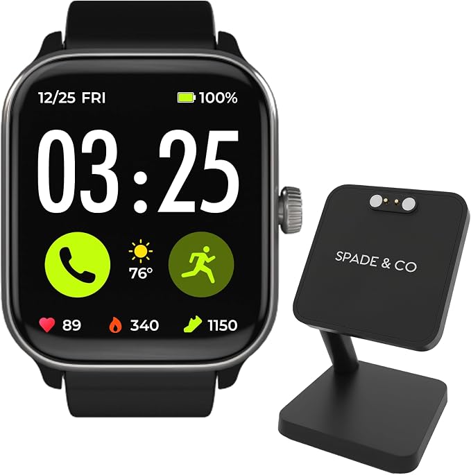 Spade & Co Health Smartwatch 4 Bundle with Charging Dock – Heart Rate, Sleep & SpO2 Monitor, Pedometer, 10+ Day Battery, Answer/Make Calls, IP68 Waterproof, iOS & Android – Black
