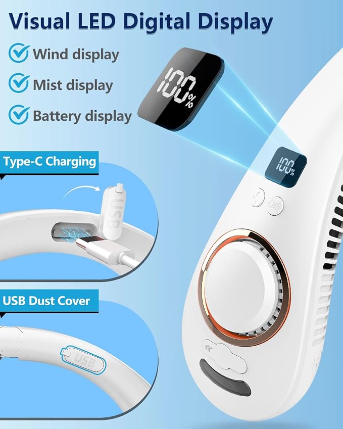 Neck Fan that Blow Cold Air with Mist, 5 Speeds USB-C Rechargeable 4000mAh Battery, Folding Personal Mister with LED Display, Bladeless Wearable Neck Air for Kids Women Men Outside Sports Work, White